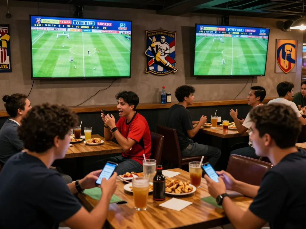 Penggemar yang terlibat merayakan pembaruan Skor Langsung di bar olahraga yang ramai selama pertandingan.