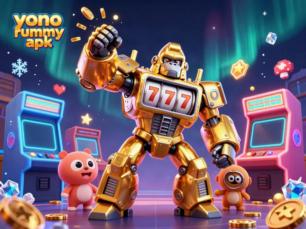Gambarkan momen bermain yono rummy apk dengan gorila emas dan elemen kasino yang mengagumkan