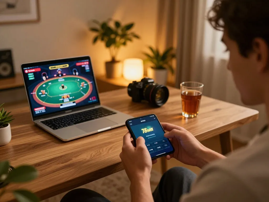 Playing online casino games through the app 789win on a smartphone at a cozy home gaming setup.