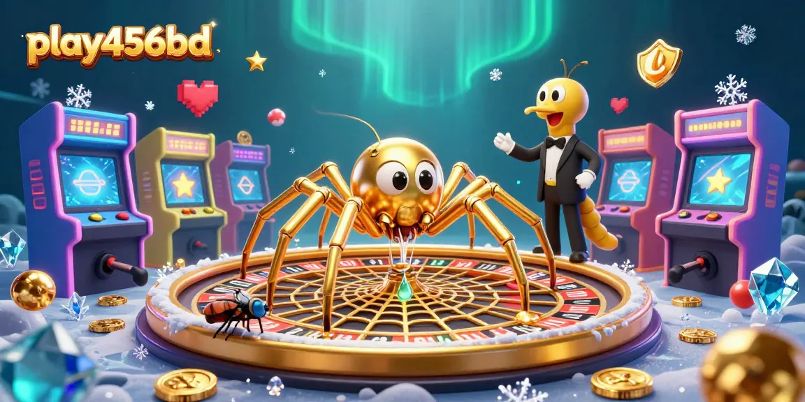 Engage in thrilling gameplay with play456bd as a golden spider spins a roulette wheel web in a vibrant casino scene.
