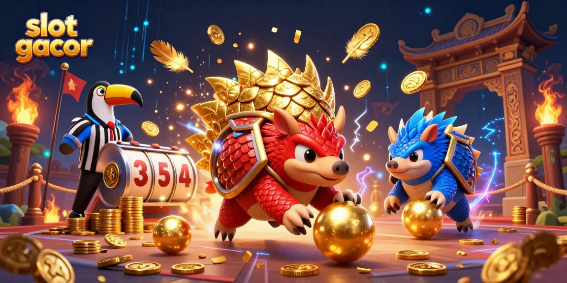 Engage with slot gacor as rival pangolins battle through vibrant slot reels and golden tokens.
