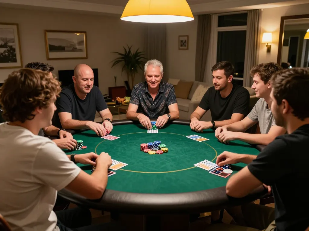 Players engage in a strategic poker game at home, showcasing the excitement of king33