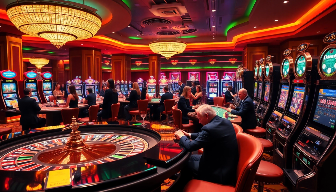 Players engaging in thrilling casino games at Sunwin, featuring roulette, poker, and vibrant slot machines.