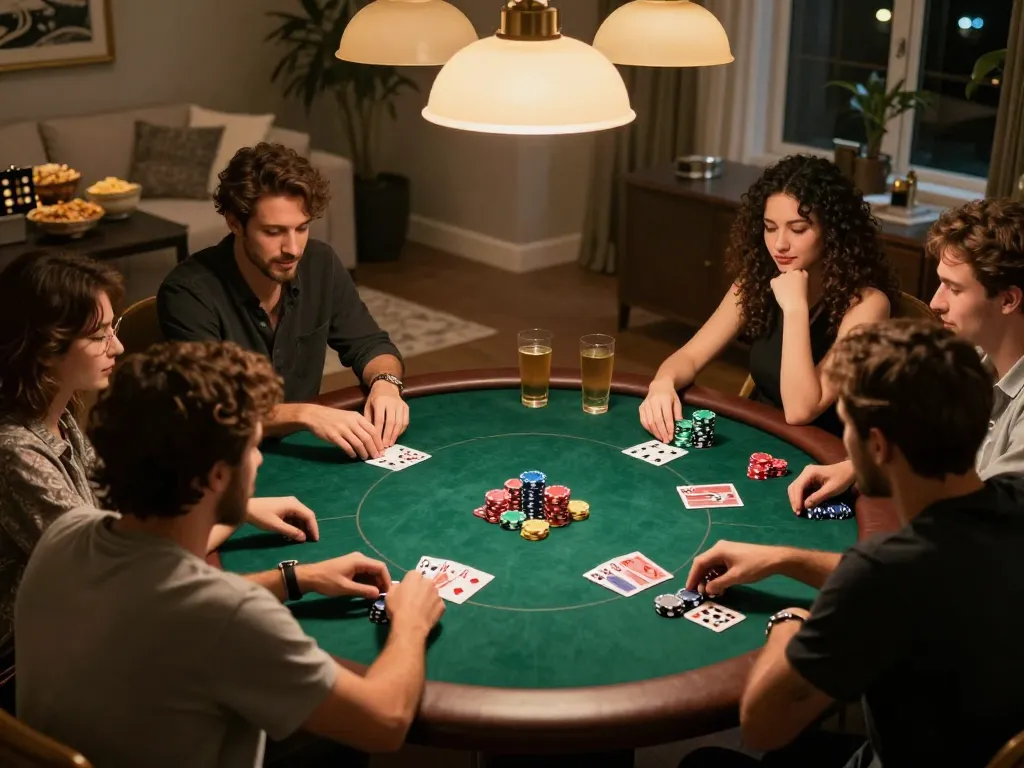 Friends enjoying an intense poker game at home, showcasing exciting m114 betting strategies.