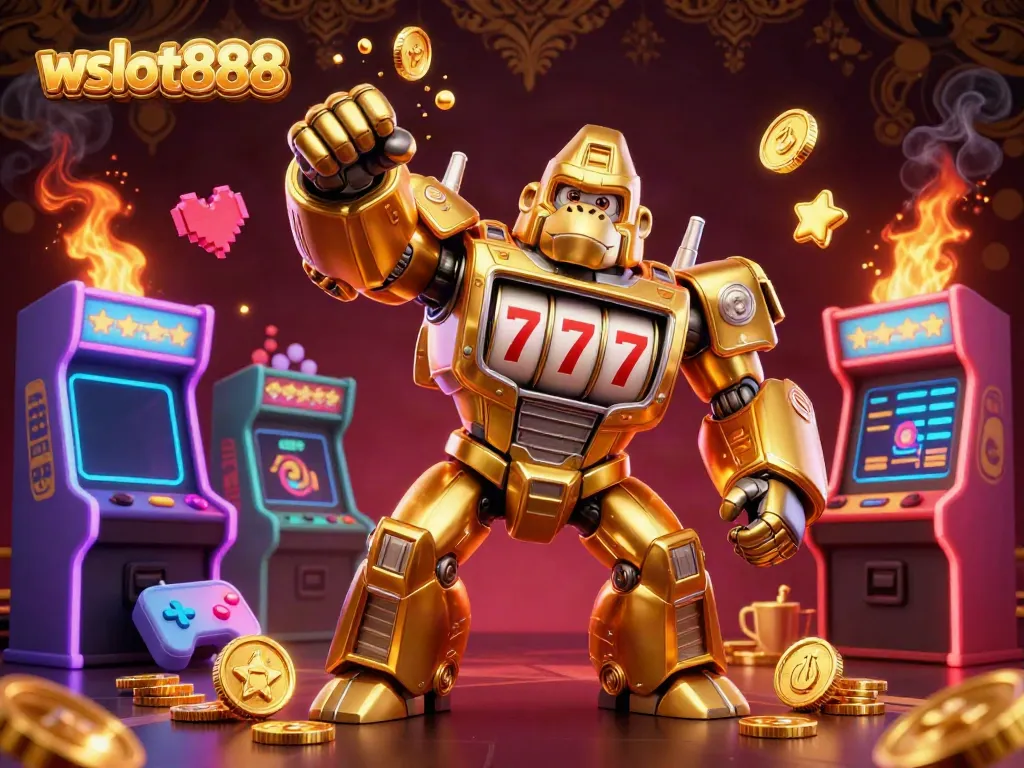Gambaran 3D wslot888 dengan gorila emas sebagai mesin slot, penuh koin terbang dan mesin permainan.