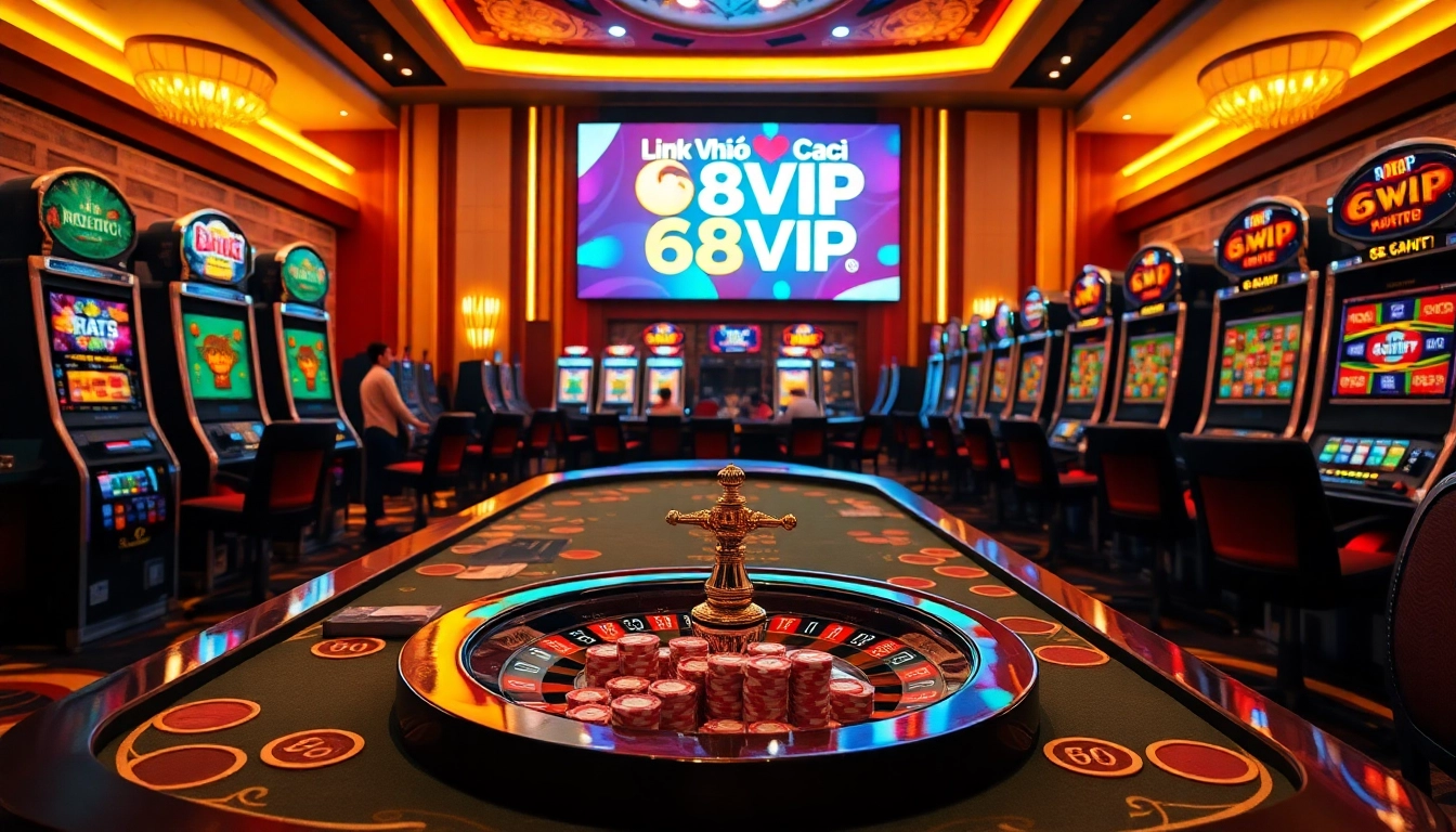 Action-packed gaming scene showcasing the Link Vào Nhà Cái 68VIP with players enjoying poker and slots.