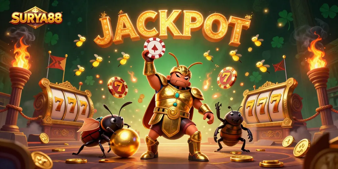 SURYA88 jackpot scene with a gladiator beetle and grand casino elements, showcasing victory.