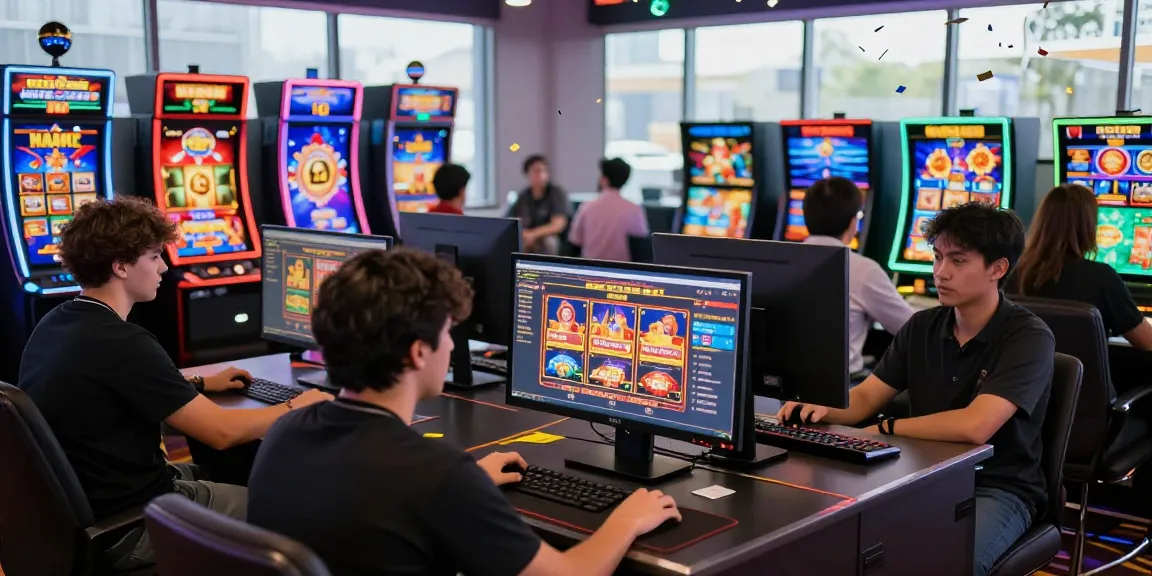 Exciting scene of players exploring new online casinos with vibrant game graphics and lively interactions.