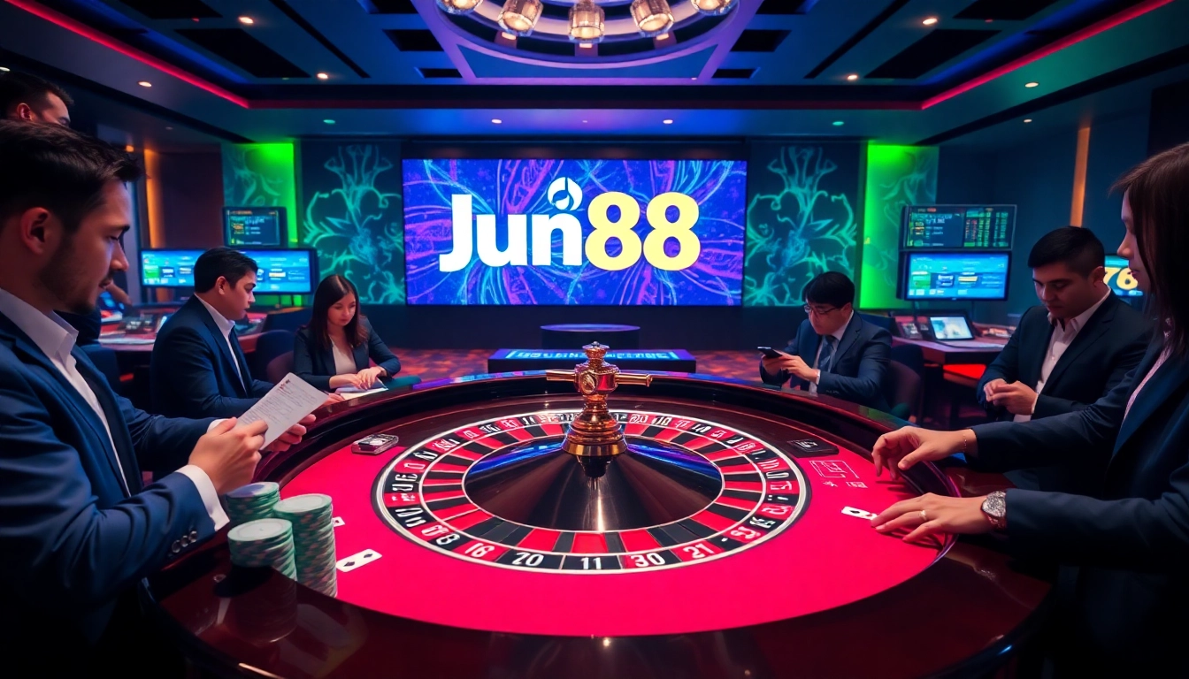 Players enjoying a thrilling game at Jun88 casino, surrounded by vibrant decor and high-stakes action.