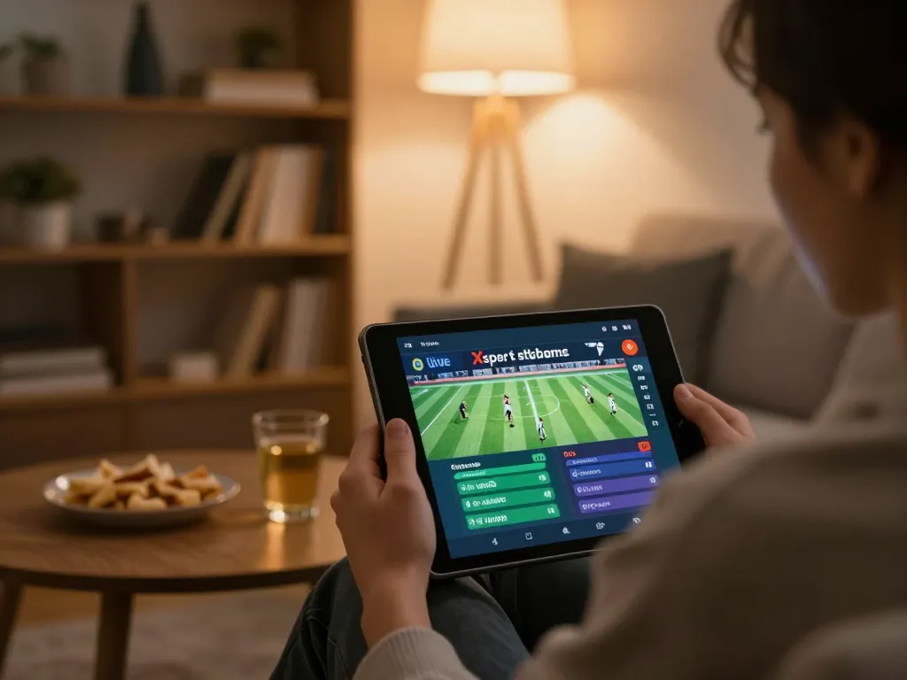 Xoilac user placing bets on football matches from the comfort of their living room while enjoying a snack.