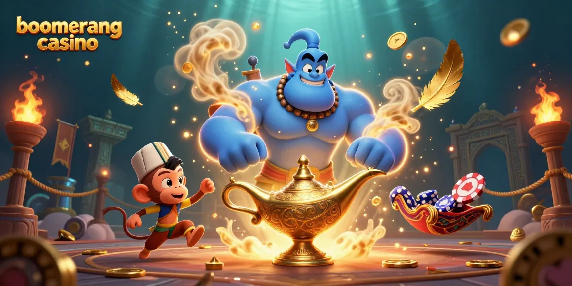 Vznemirljiva scena boomerang casino z geniejem, resnično srečanje iger in sreče.
