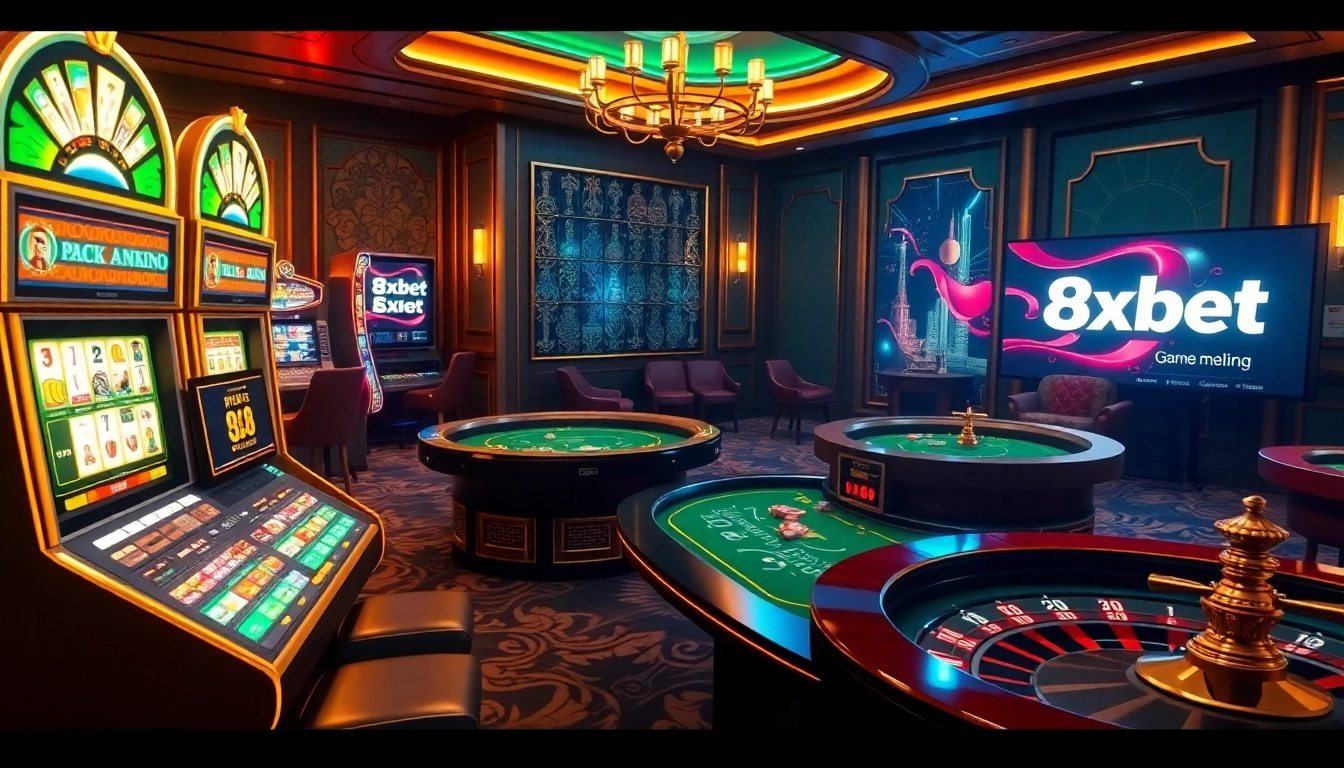8xbet virtual casino experience with poker tables, slot machines, and roulette wheels in an elegant setting.