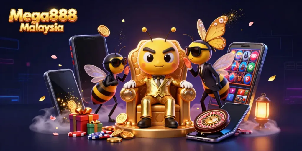 Experience Mega888 Malaysia's vibrant gaming scene with our lively 3D illustration of slot games, casino elements, and characters.