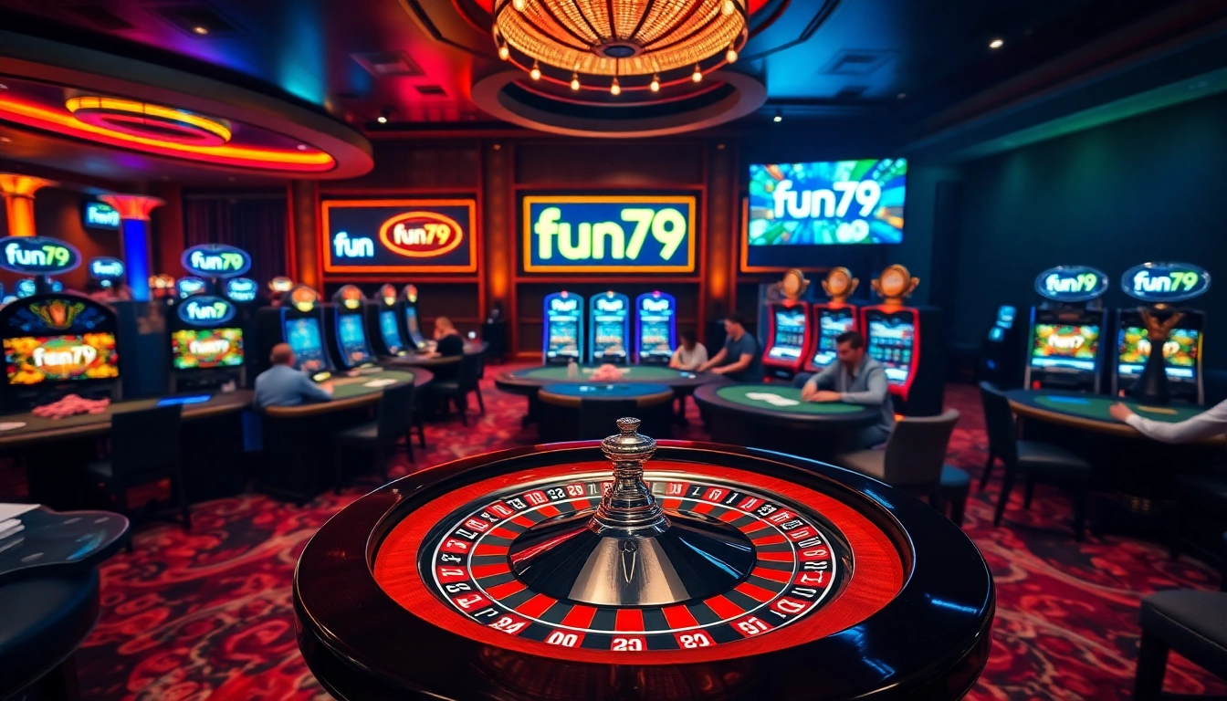 Exciting casino scene featuring players at poker tables, highlighting fun79 in gameplay.