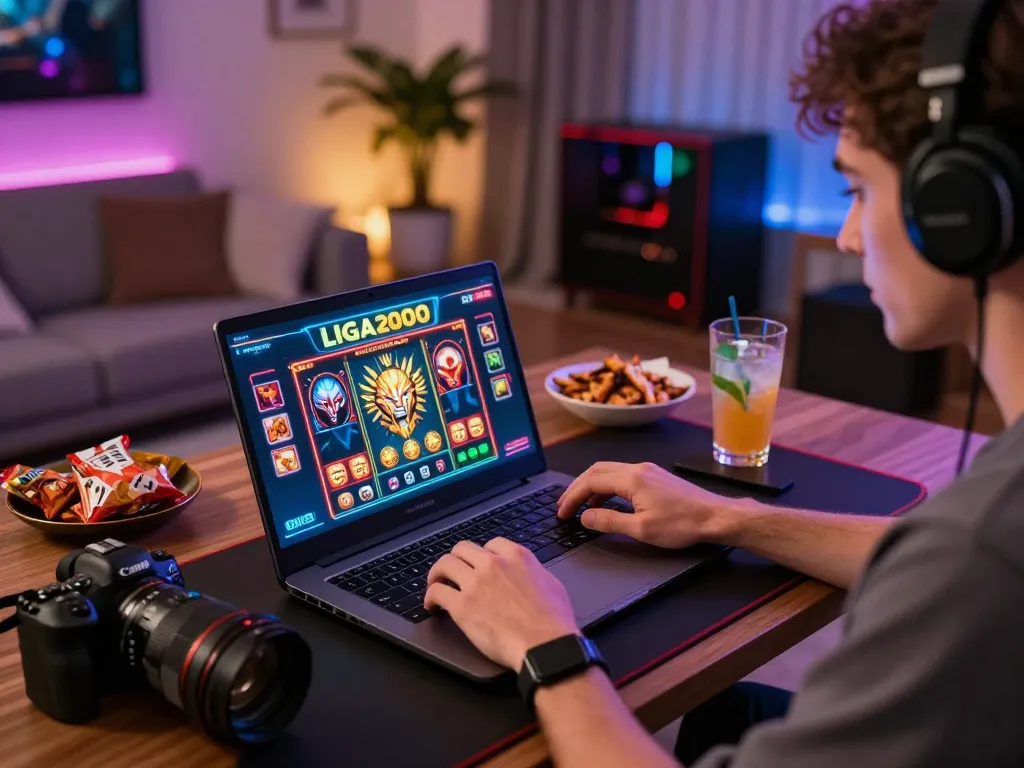 LIGA2000 slot game in action on a laptop, showcasing strategic gameplay in a cozy home setup.