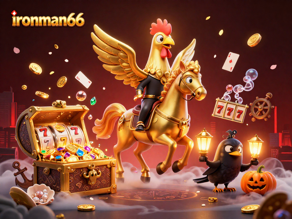 Experience the thrilling world of ironman66 with a vibrant 3D casino scene featuring a golden rooster and more.
