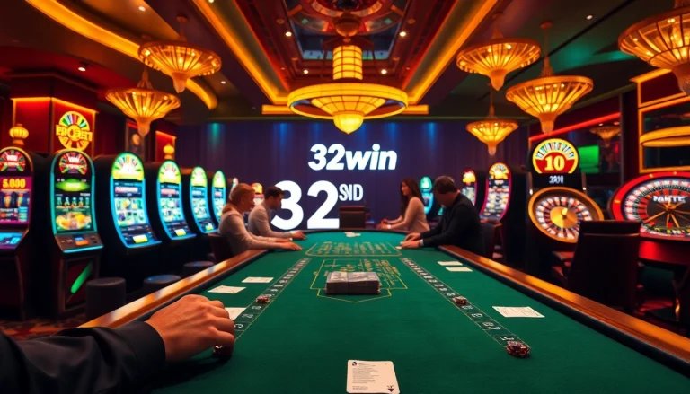 Experience thrilling blackjack action at 32win casino with vibrant tables and slot machines.