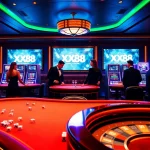 Players enjoy high-stakes poker at XX88, featuring vibrant tables and casino excitement.