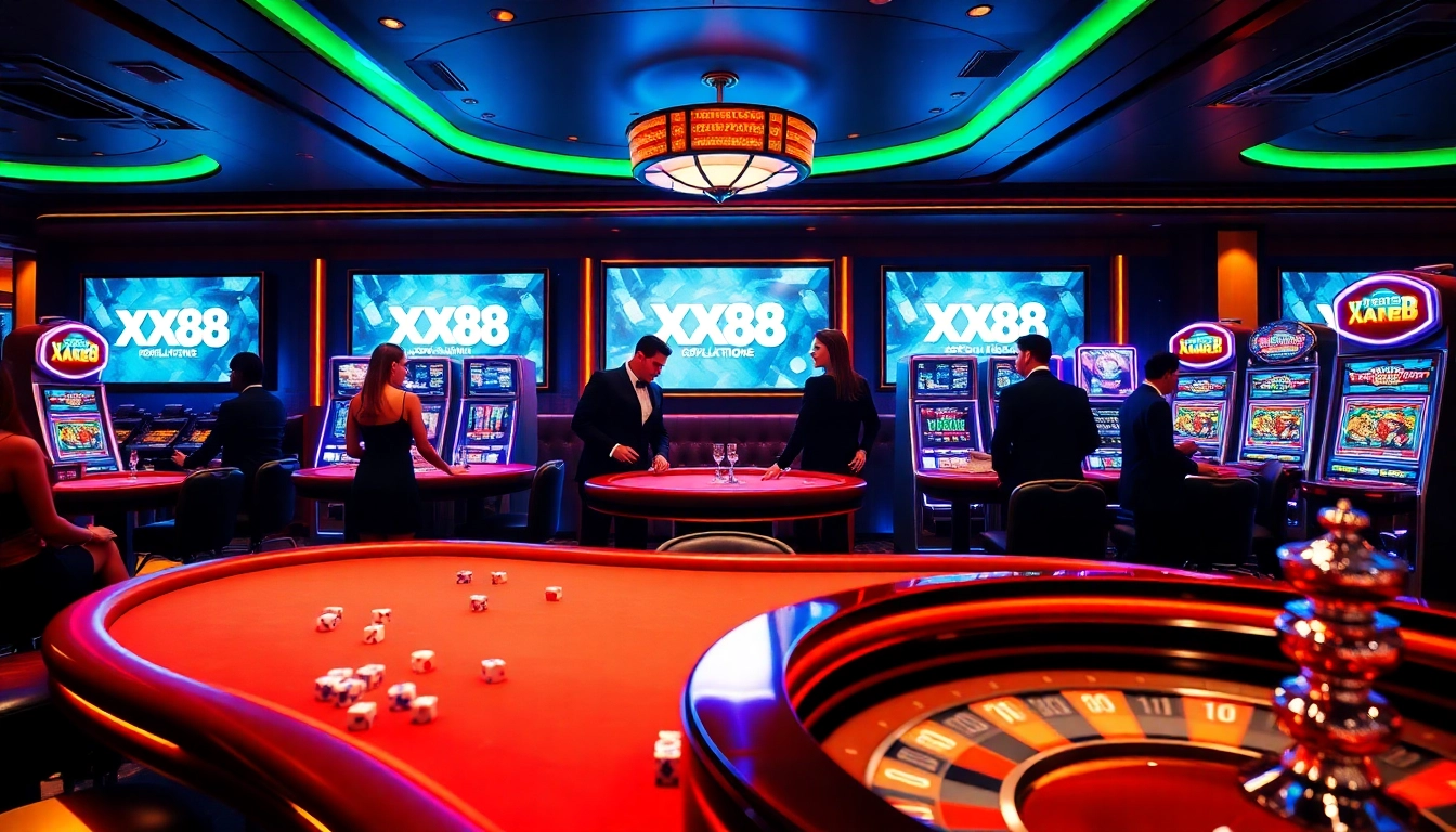 Players enjoy high-stakes poker at XX88, featuring vibrant tables and casino excitement.