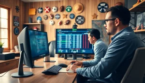 Engage in online Betting with professional sports bettors in a modern office setting.