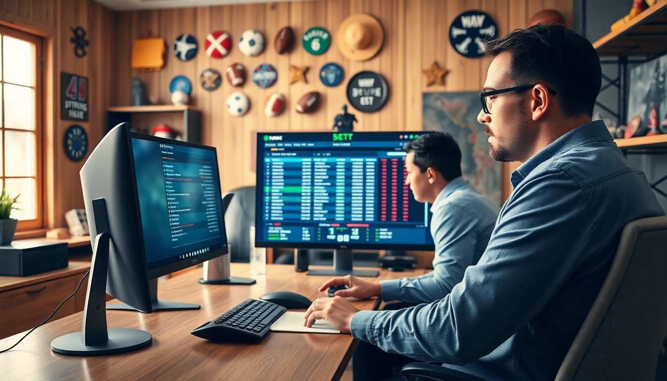 Engage in online Betting with professional sports bettors in a modern office setting.