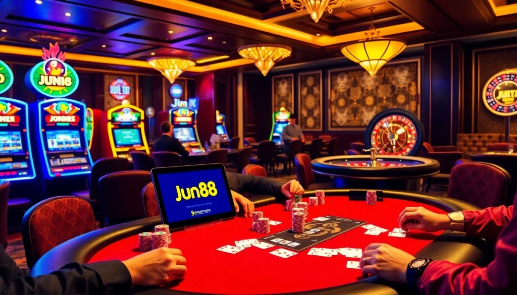 Players enjoying an exciting game at the Jun88 casino, showcasing vibrant poker chips and cards.