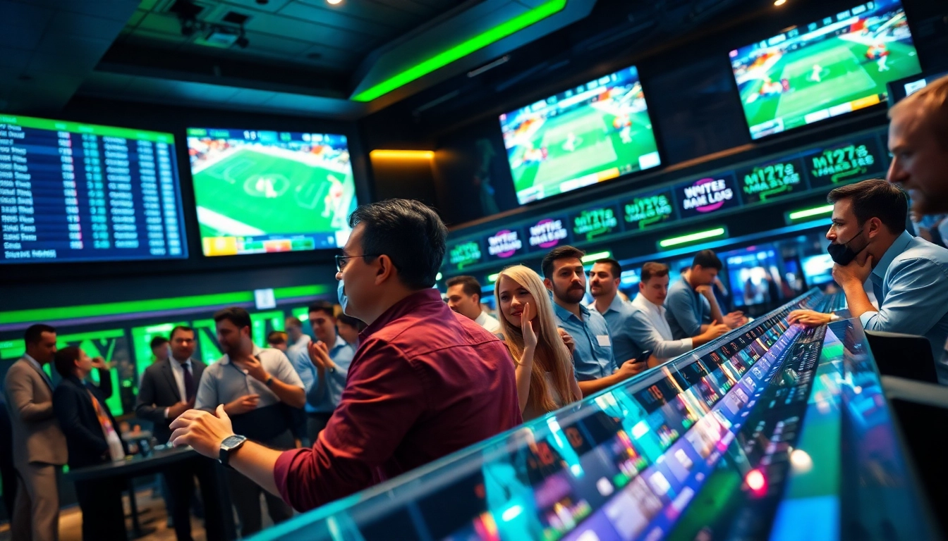 Engaged bettors placing wagers on Sports Betting with active digital displays and live game broadcasts.