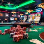 79king poker table with chips, roulette wheel, exciting betting action in luxurious casino atmosphere.