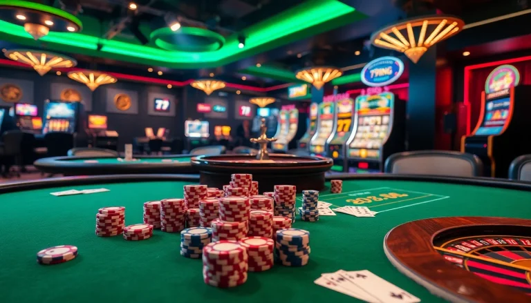 79king poker table with chips, roulette wheel, exciting betting action in luxurious casino atmosphere.