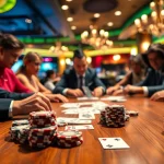 Players engaged in an intense Poker Game at a luxurious casino table.