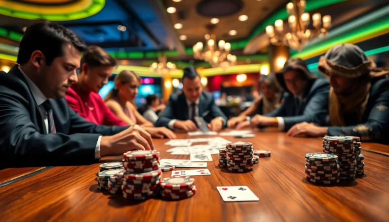 Players engaged in an intense Poker Game at a luxurious casino table.