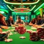 Engaging players at a casino poker table with vibrant neon lights and colorful chips.