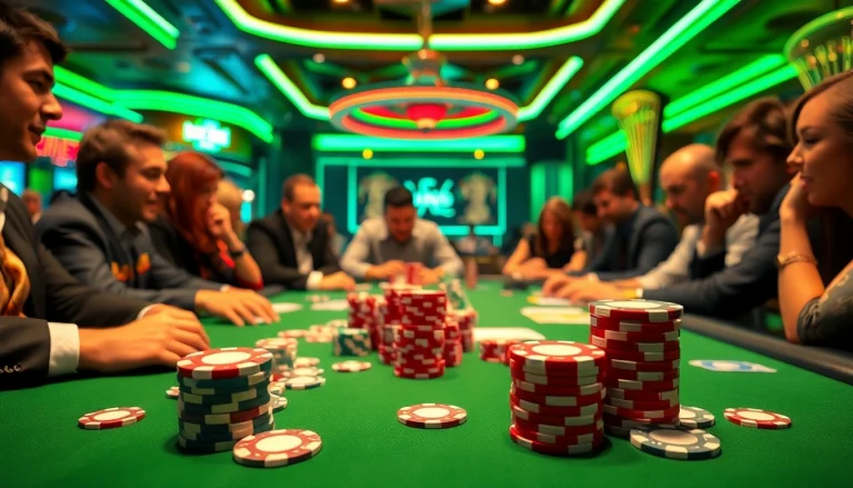 Engaging players at a casino poker table with vibrant neon lights and colorful chips.