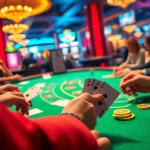 Experience the thrill of Blackjack Casino with players engaged around a vibrant felt table.
