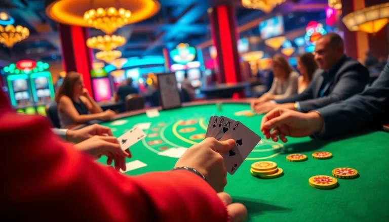 Experience the thrill of Blackjack Casino with players engaged around a vibrant felt table.