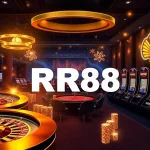Découvrez des jeux en ligne palpitants avec l’interface luxueuse de RR88 mettant en scène des machines à sous colorées et des tables de poker.