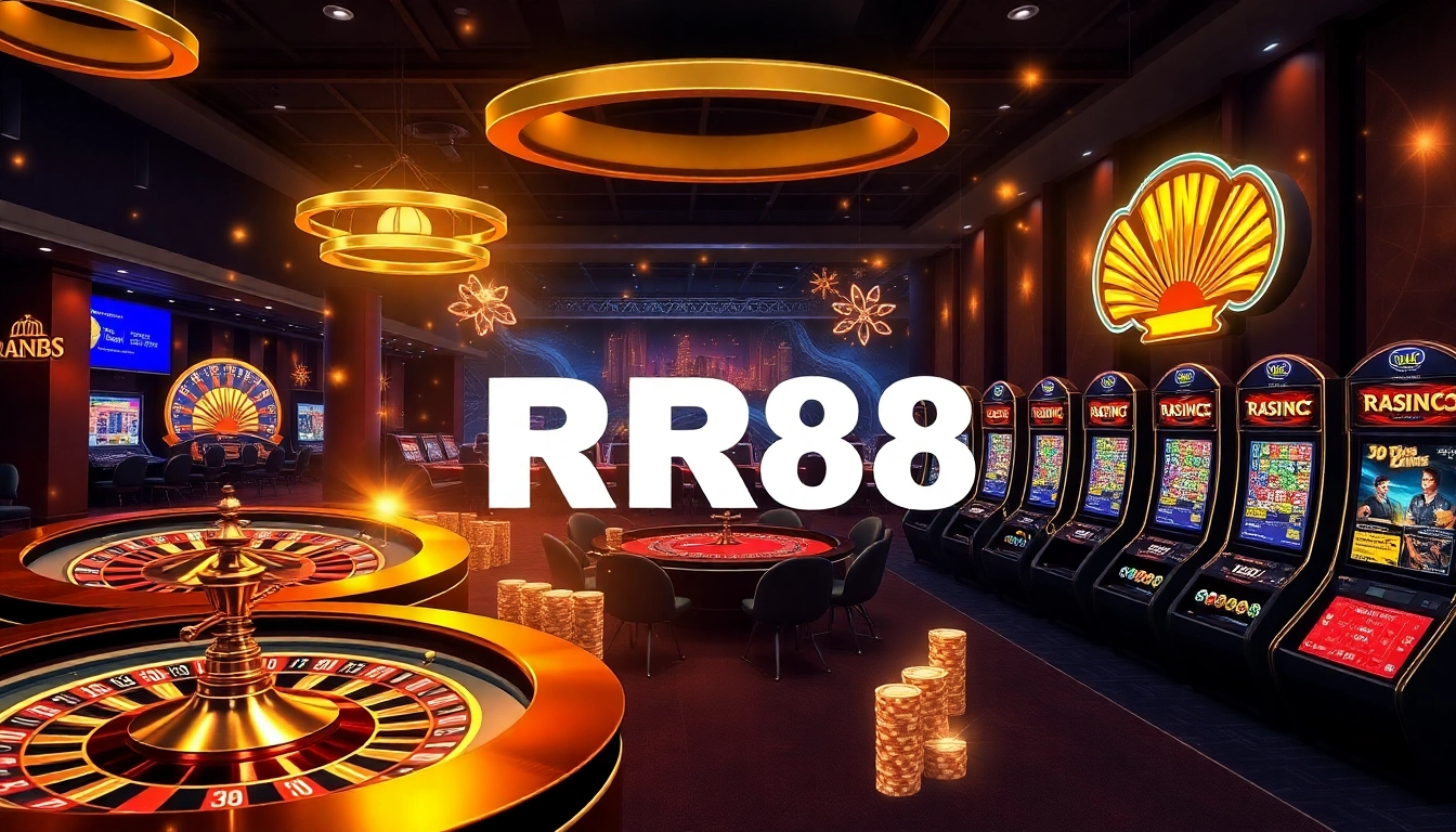 Découvrez des jeux en ligne palpitants avec l’interface luxueuse de RR88 mettant en scène des machines à sous colorées et des tables de poker.