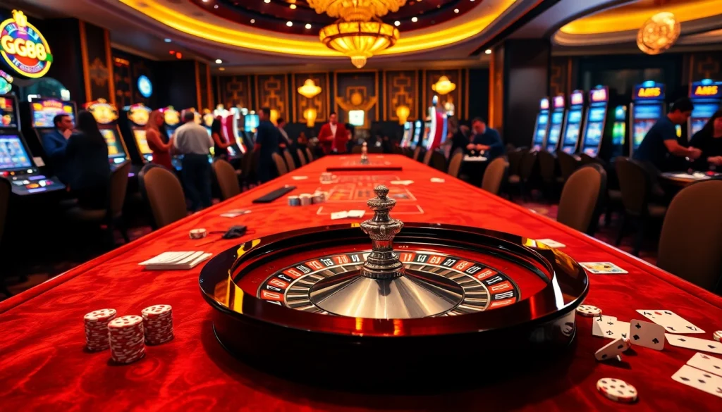 Experience the thrill of GG88 with luxurious casino tables, poker chips, and vibrant slot machines.