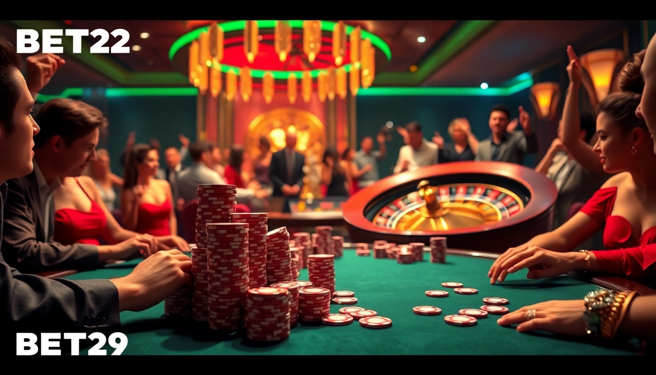 Exciting BET29 poker scene with players and vibrant casino atmosphere.