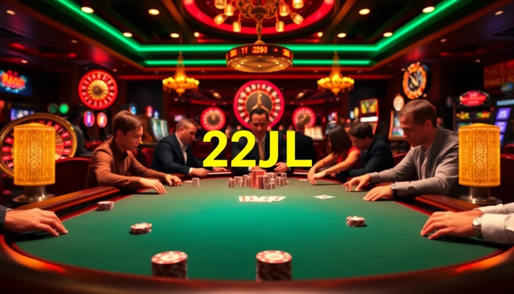 Experience the thrill of casino games at 22JL with players enjoying poker and roulette action.