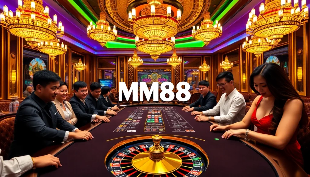 MM88 gaming table bustling with excitement, players engaging in thrilling bets.