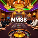 MM88 gaming table bustling with excitement, players engaging in thrilling bets.