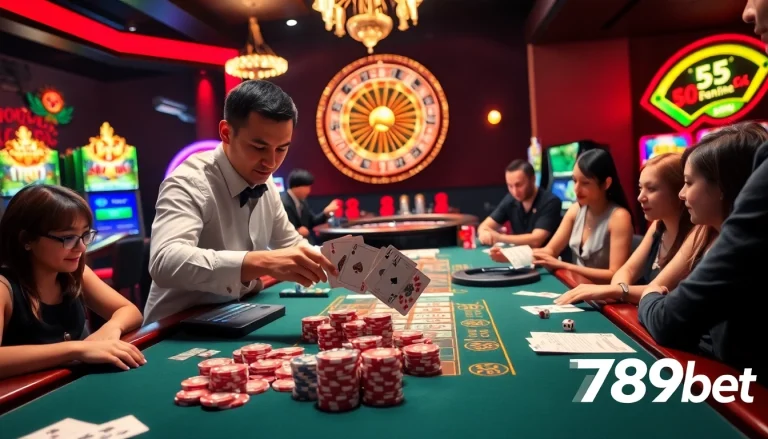 Players strategizing their moves with 789bet chips at a glamorous casino table.