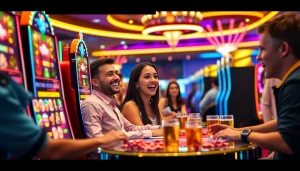 Slot gacor scene with players enjoying vibrant casino atmosphere and exciting gaming machines.