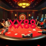 Exciting scene with poker players at XX88 casino, vibrant chips and cards on the table.