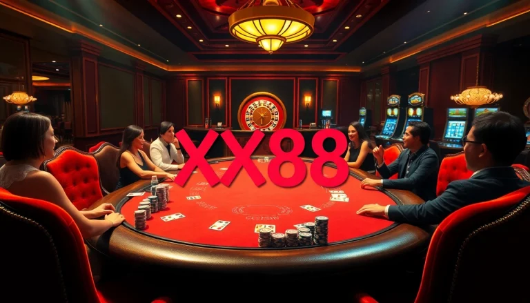 Exciting scene with poker players at XX88 casino, vibrant chips and cards on the table.