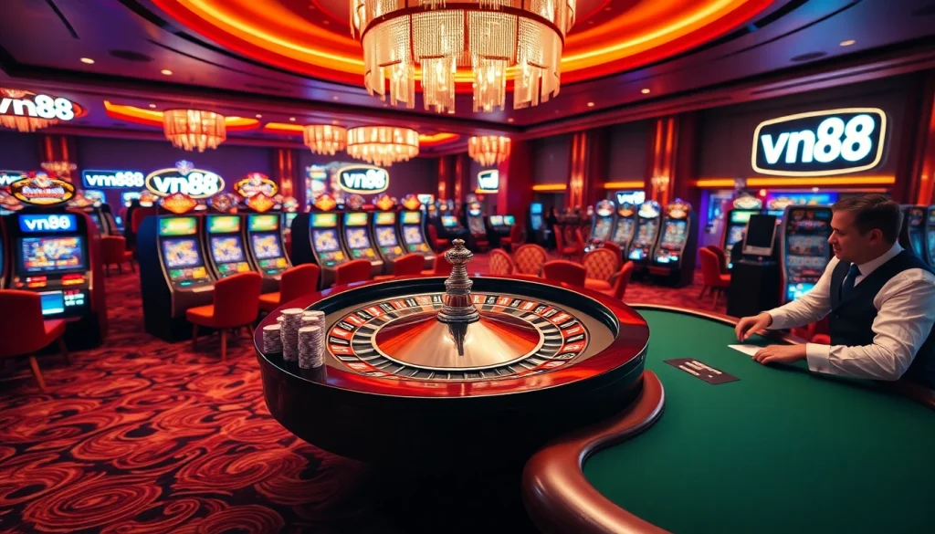 Experience thrilling gambling at vn88 with a luxurious casino setting featuring roulette and poker.