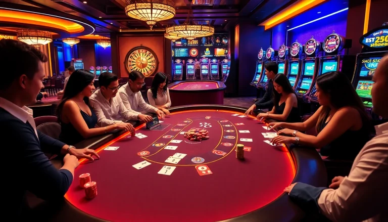 Players enjoying a high-stakes game at new888 casino, showcasing vibrant chips and roulette action.