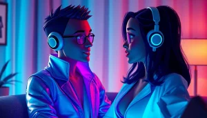 Engaging scene showcasing free sex AI chat with an alluring animated character in a cozy digital environment.