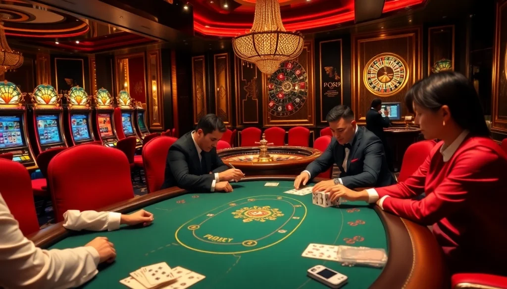 Action-packed scene of professionals playing poker at https://www.roo99.net/ casino tables surrounded by vibrant slot machines.